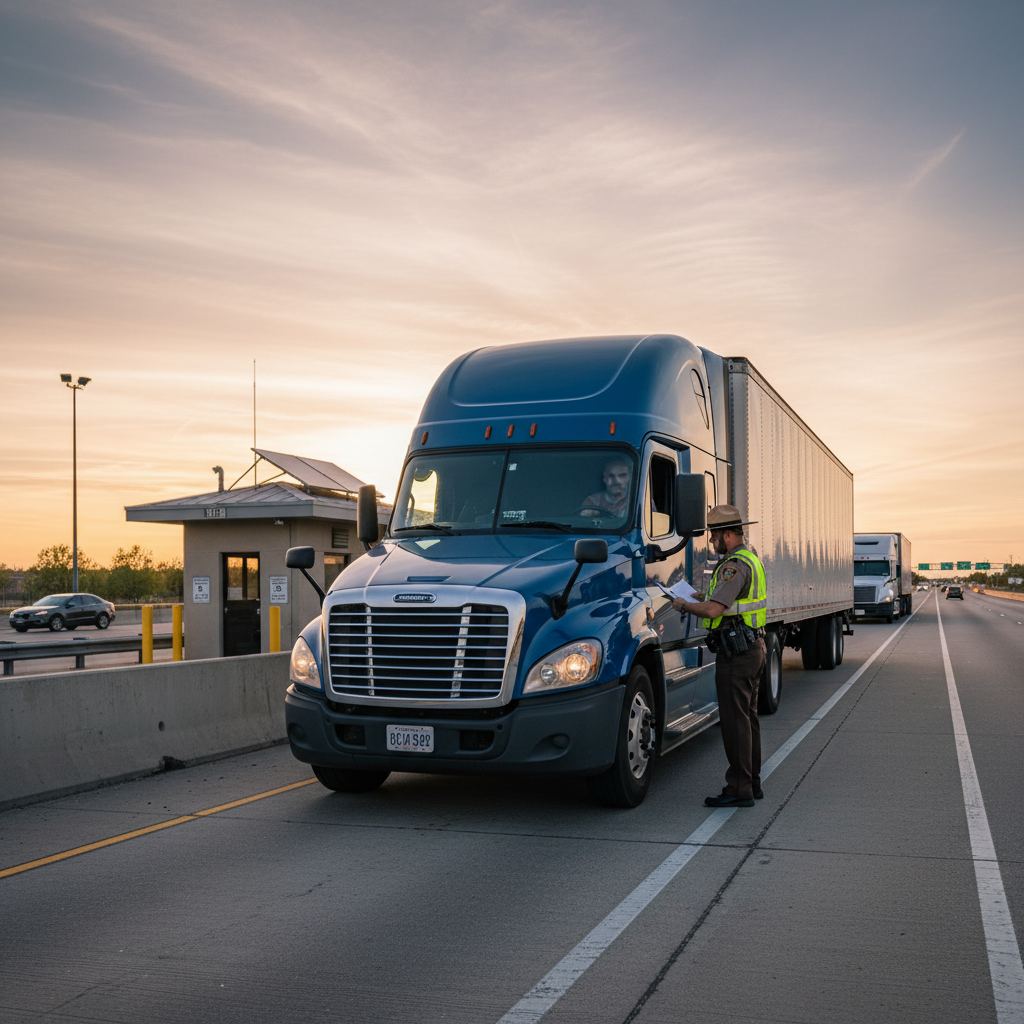 1200x675 Professional truck driver planning route with secure parking at SafeStop