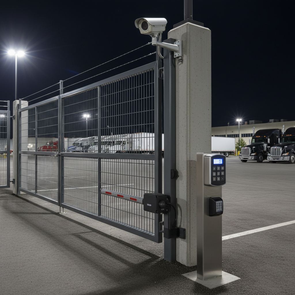 Surveillance cameras and LED lighting covering every parking space at a secure truck parking facility