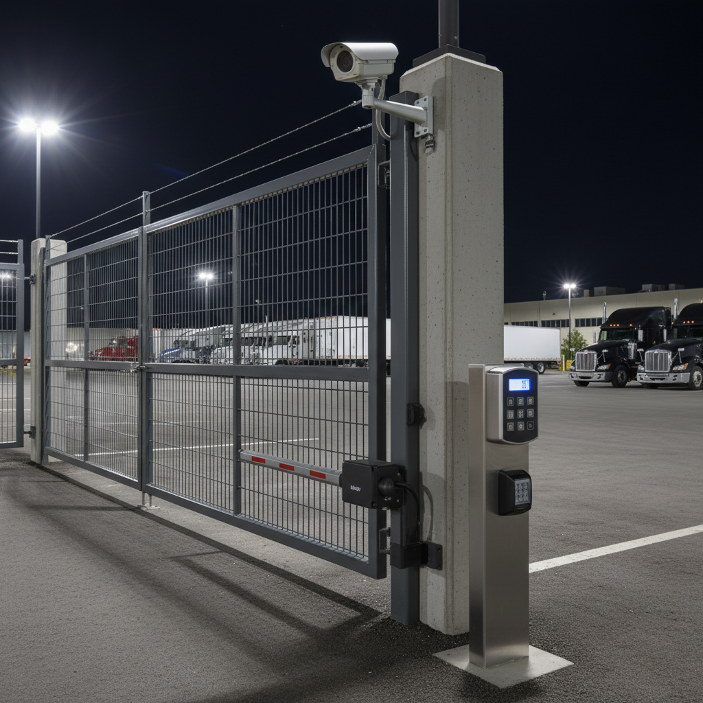Surveillance cameras and LED lighting covering every parking space at a secure truck parking facility