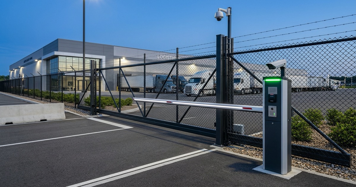 Secure truck parking facility with gated access and surveillance cameras