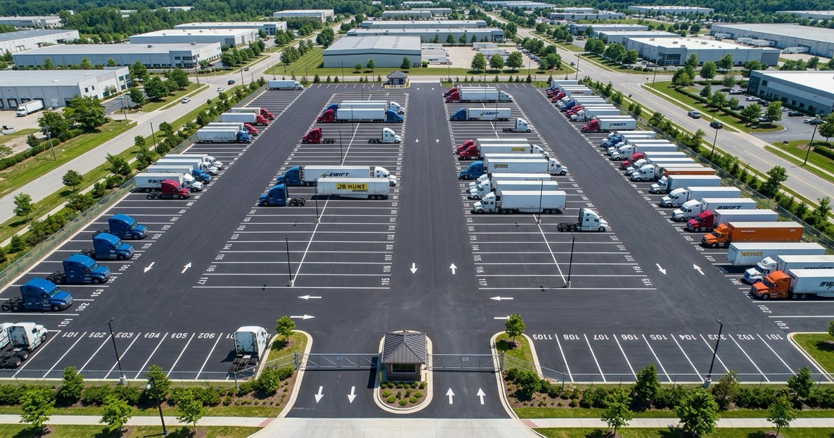 Aerial view of organized commercial truck parking facility with numbered spots