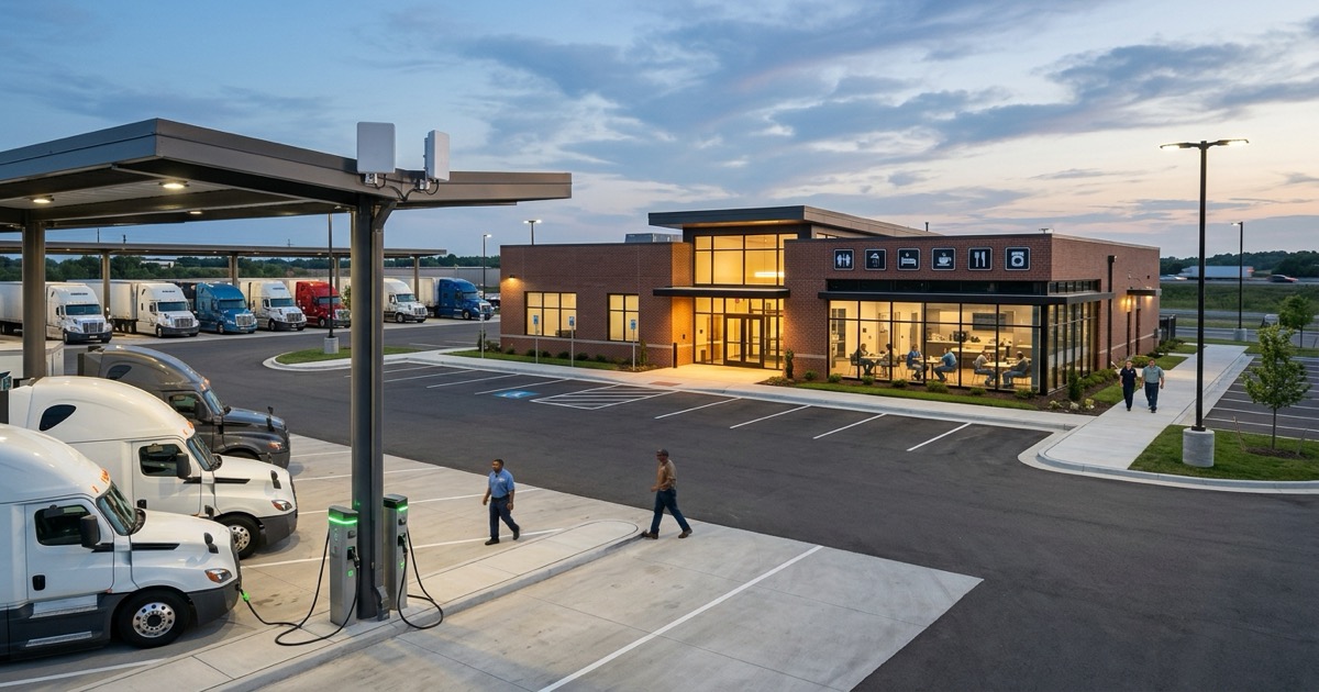 Truck parking lot amenities including power hookups and WiFi