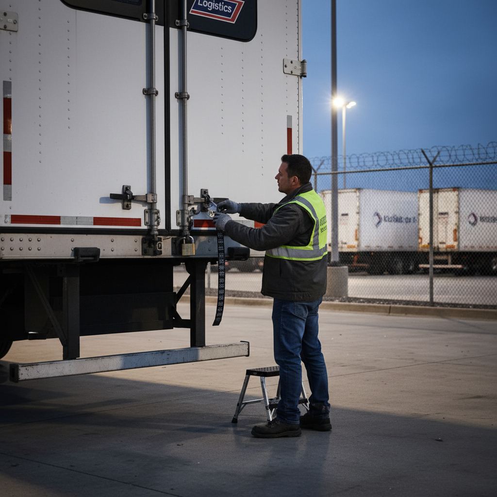 Truck driver securing a load and checking trailer locks