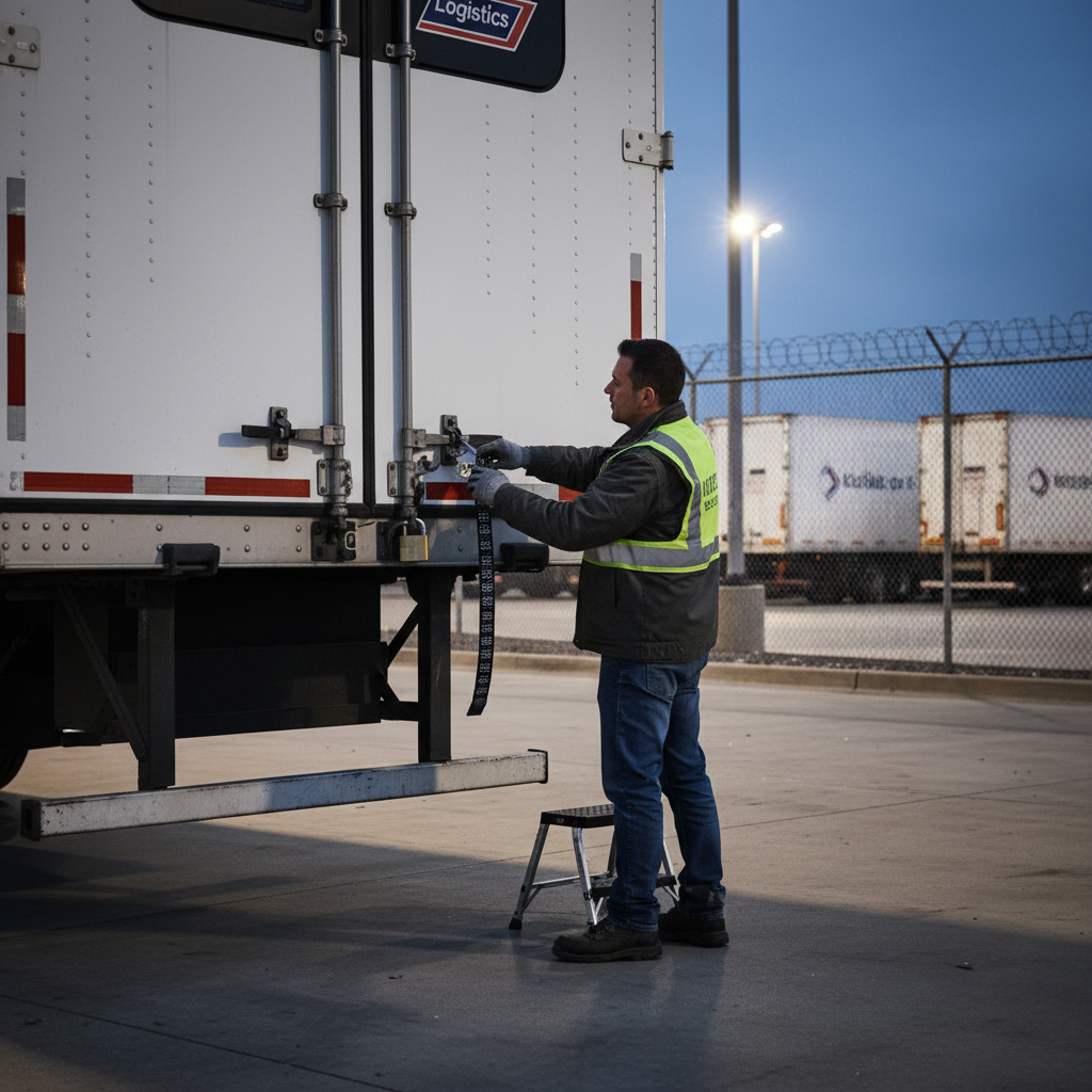 Truck driver securing a load and checking trailer locks