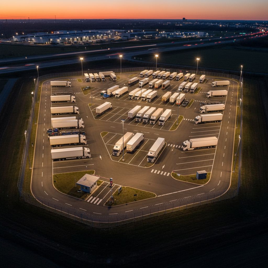 Aerial view of a secure truck parking facility with lighting and fencing