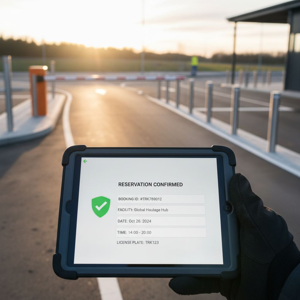 Truck parking app reservation interface in use by a driver