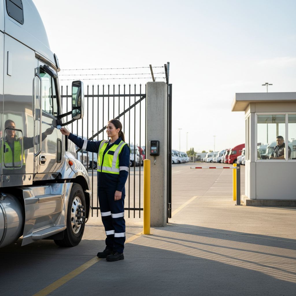 Secure truck parking with gated access and lighting for women drivers