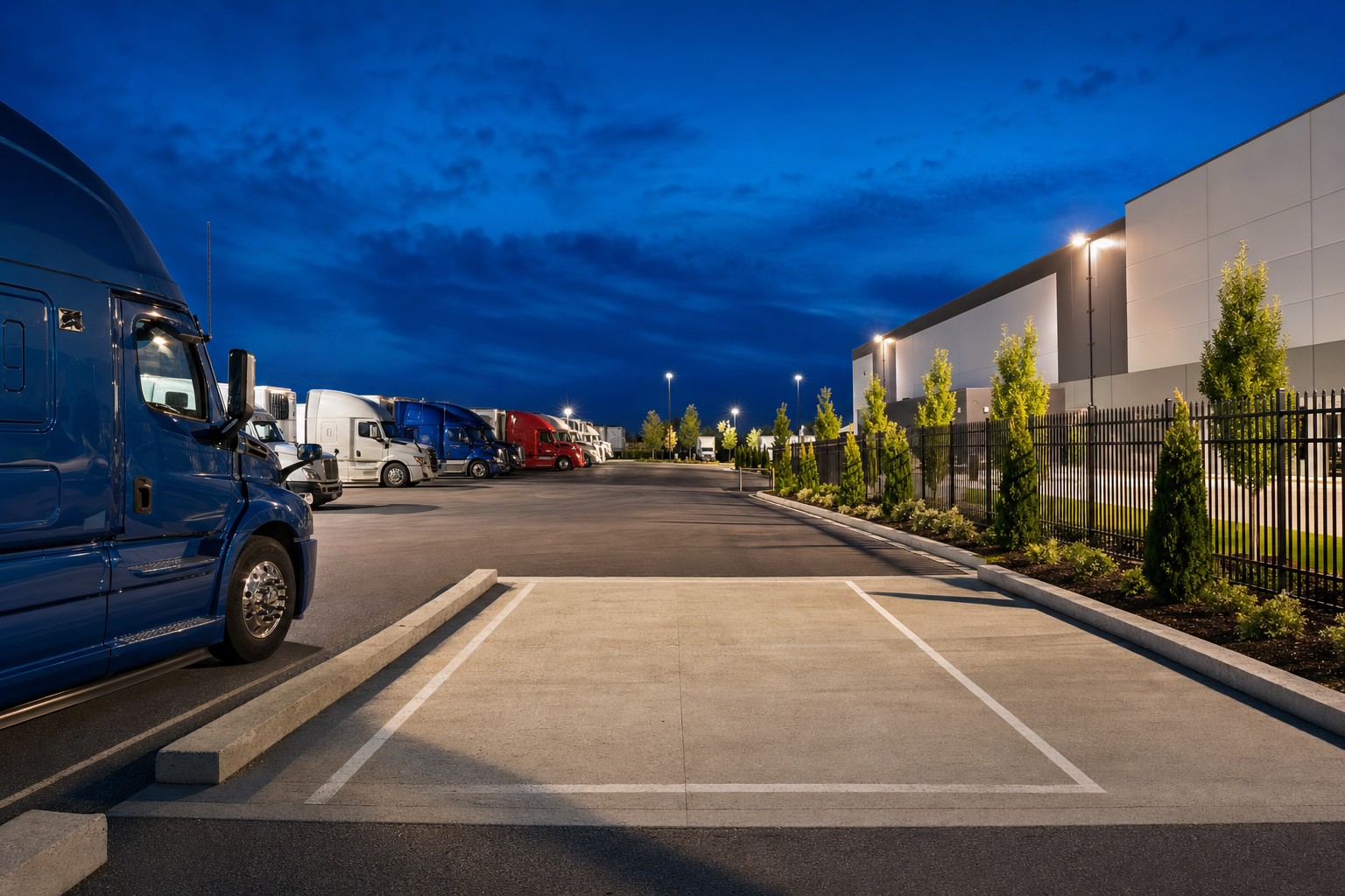 A reserved, numbered parking stall waiting for a semi-truck at a gated overnight lot at dusk