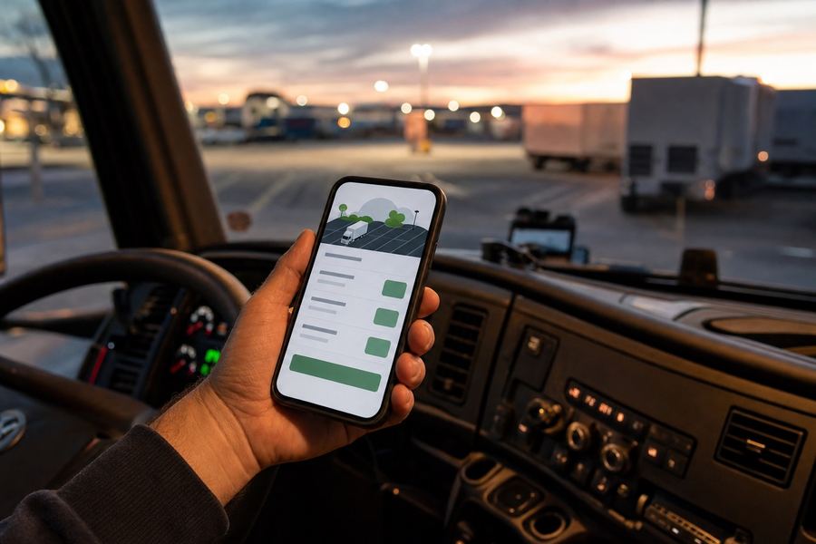 A driver booking a truck parking spot on a phone app from inside the cab