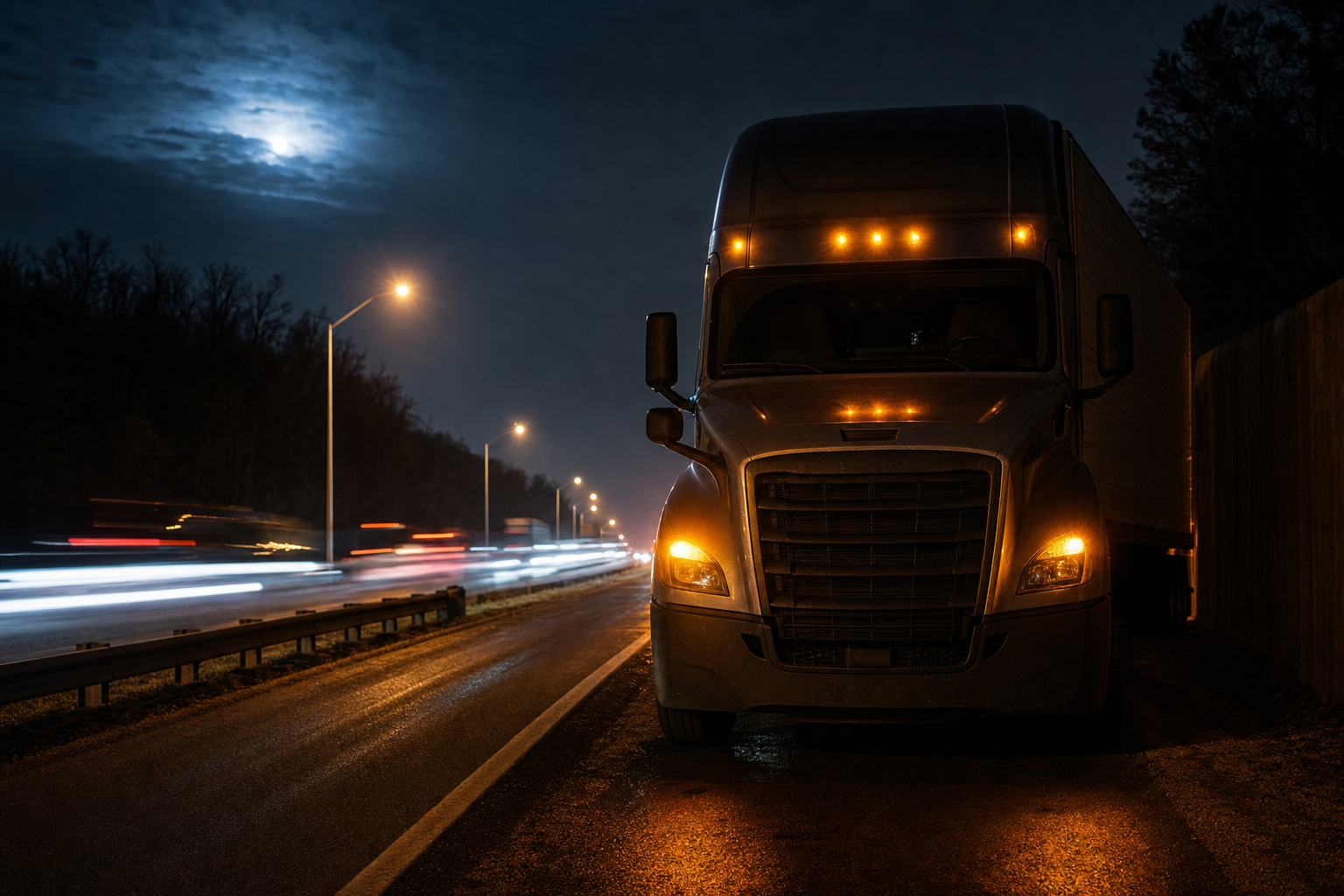 A semi-truck parked on a narrow highway exit ramp at night for lack of a safe spot