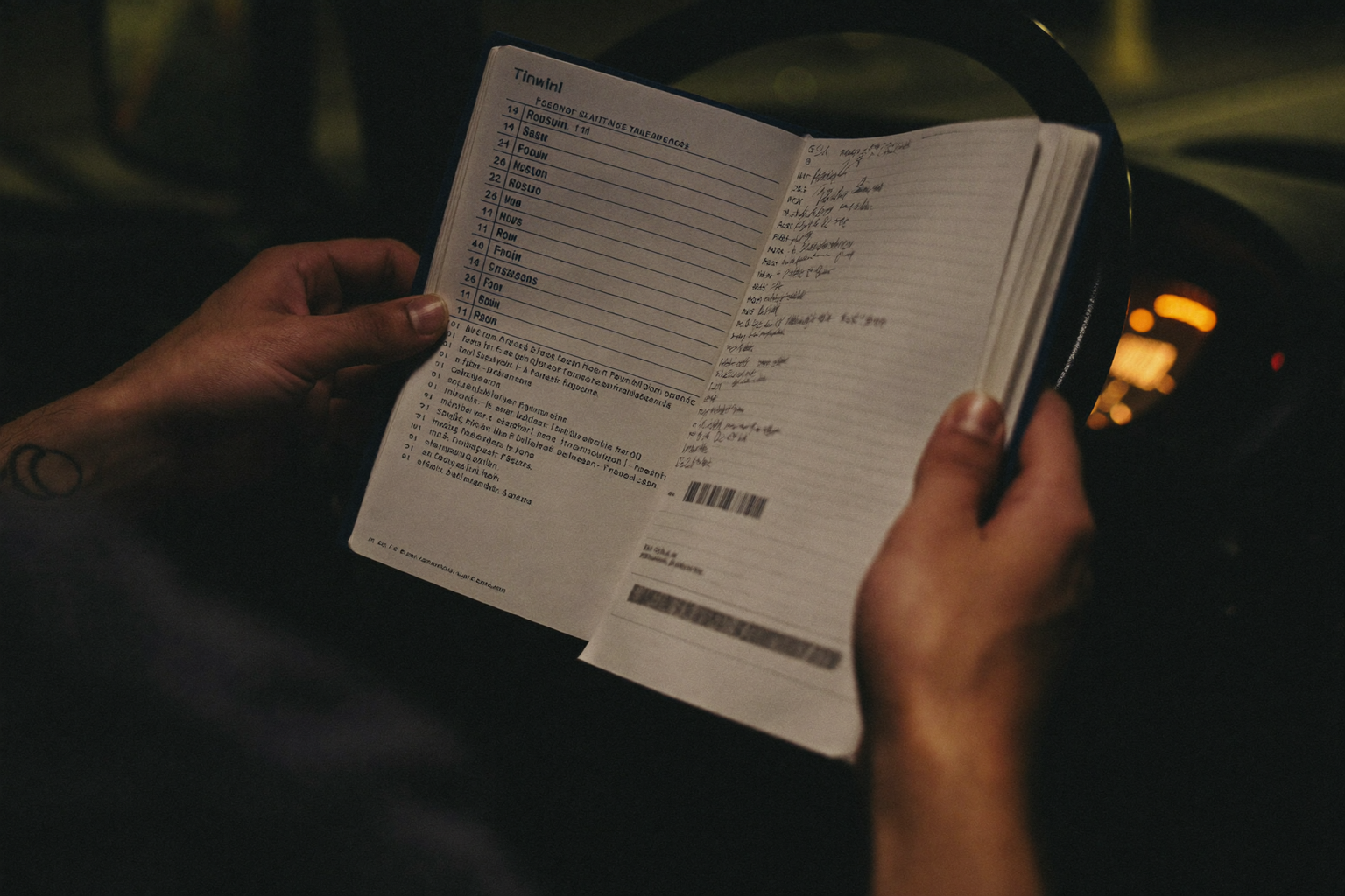 A driver's hands holding a paper logbook and a fuel receipt inside a dim truck cab at night