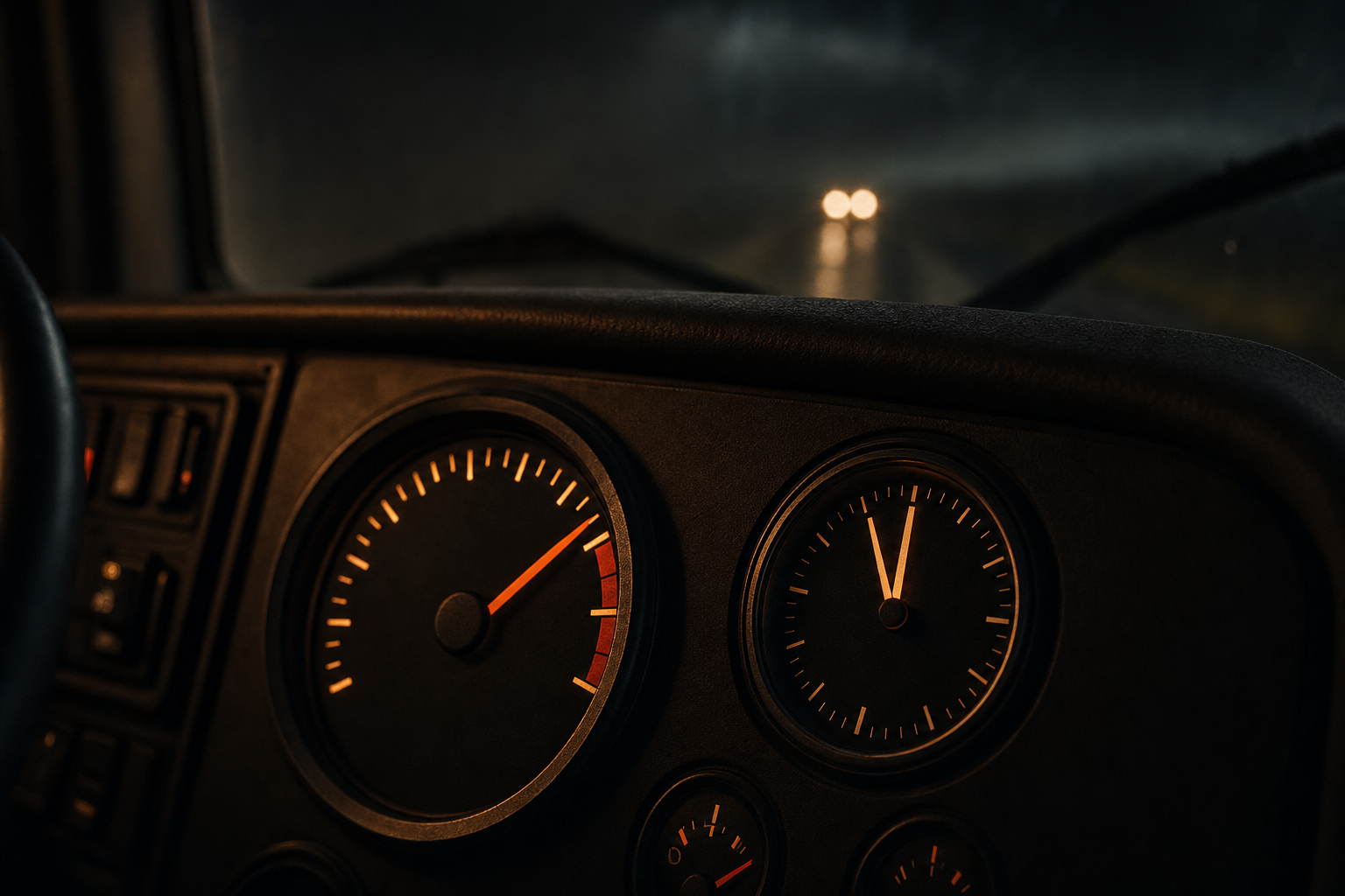 A dashboard hours-of-service clock running low as a driver searches for parking at night