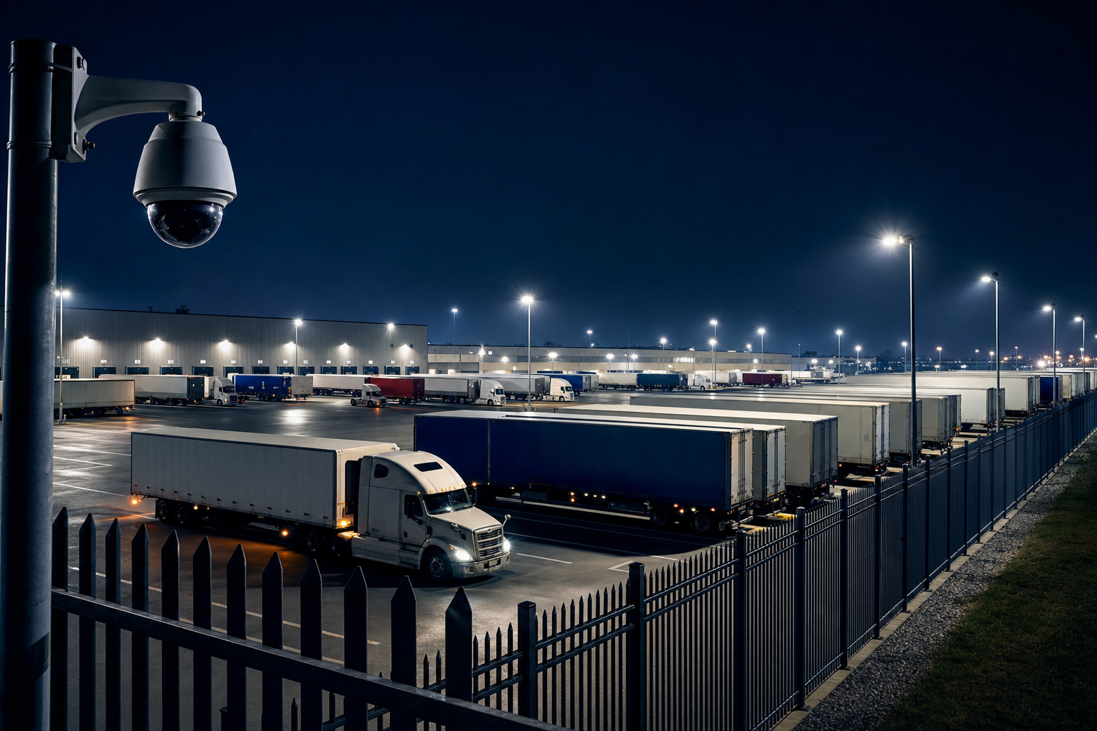 A well-lit, fenced truck yard with security cameras watching parked trailers overnight