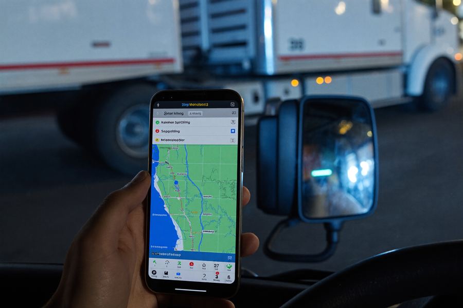 A truck driver checking a smartphone showing a generic GPS tracking map inside a cab at night