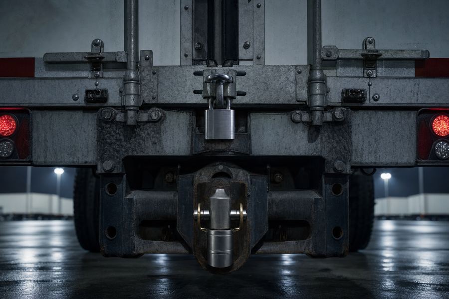 A padlocked trailer door and kingpin lock securing a loaded trailer