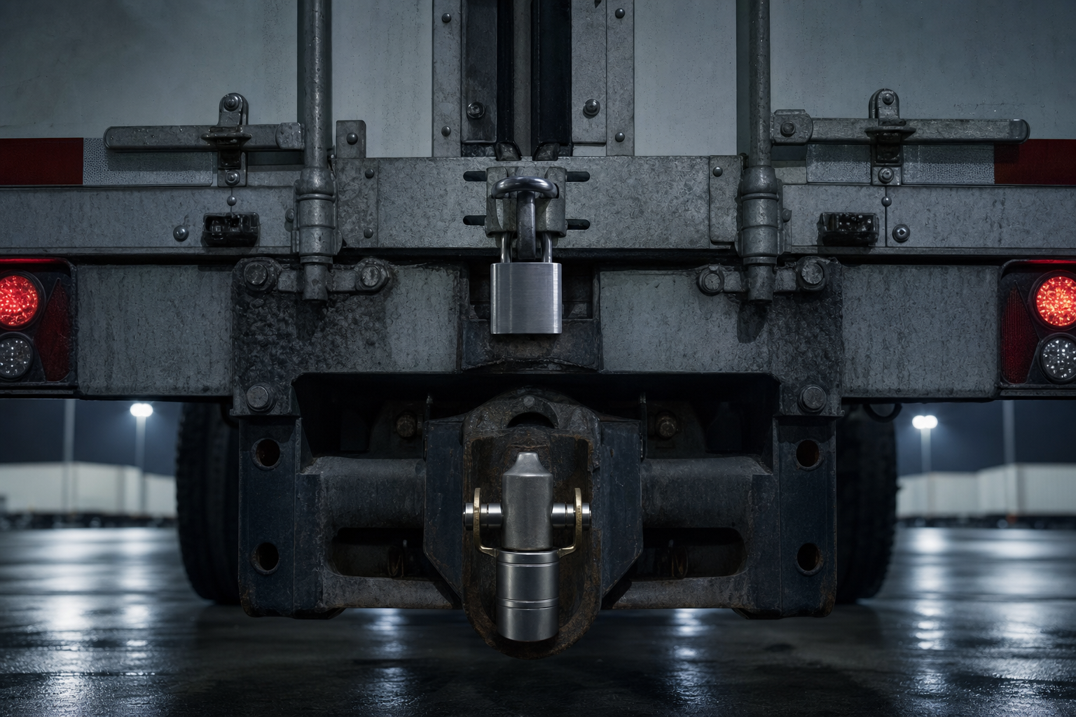 A padlocked trailer door and kingpin lock securing a loaded trailer