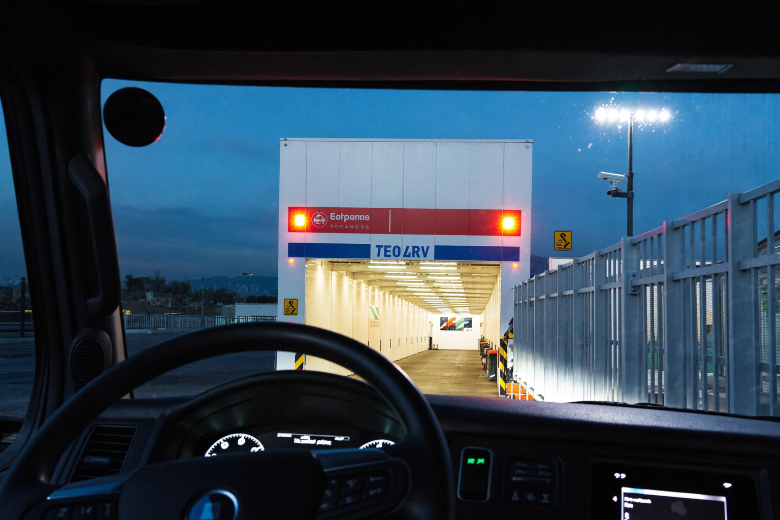 A driver's point of view through a windshield approaching a brightly lit gated secure truck parking entrance at dusk