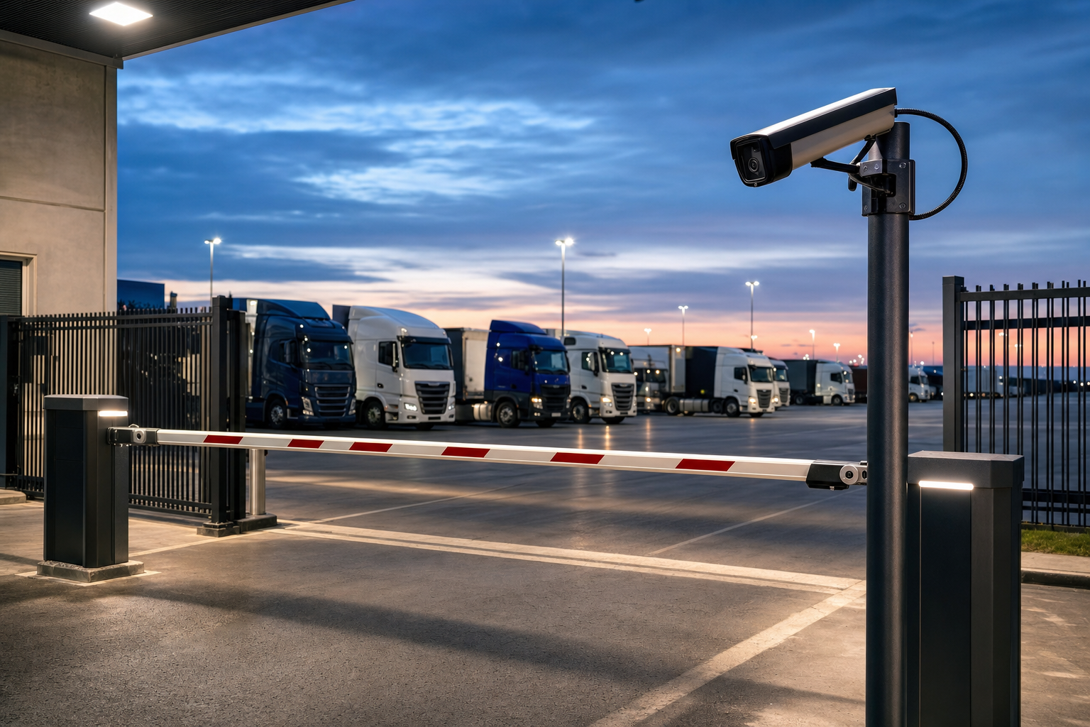 A gated entrance with a license-plate camera at a secure commercial truck parking facility