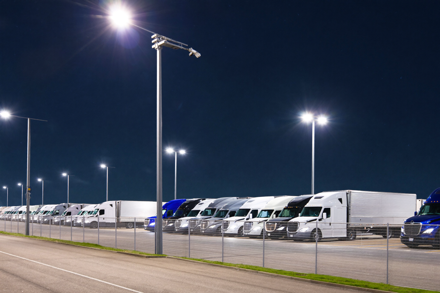 A secure truck parking facility at night with perimeter fencing, tall LED light poles, and a pole-mounted security camera over rows of parked trucks