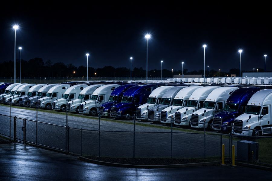 Bright overhead lighting and perimeter fencing around rows of parked semi-trucks