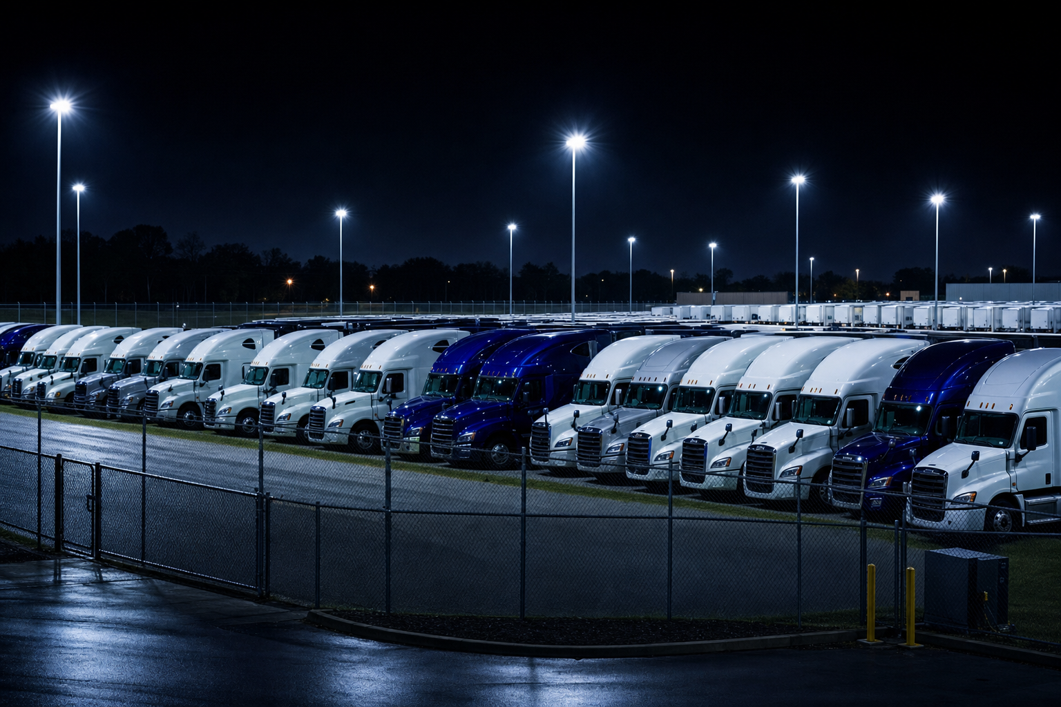 Bright overhead lighting and perimeter fencing around rows of parked semi-trucks