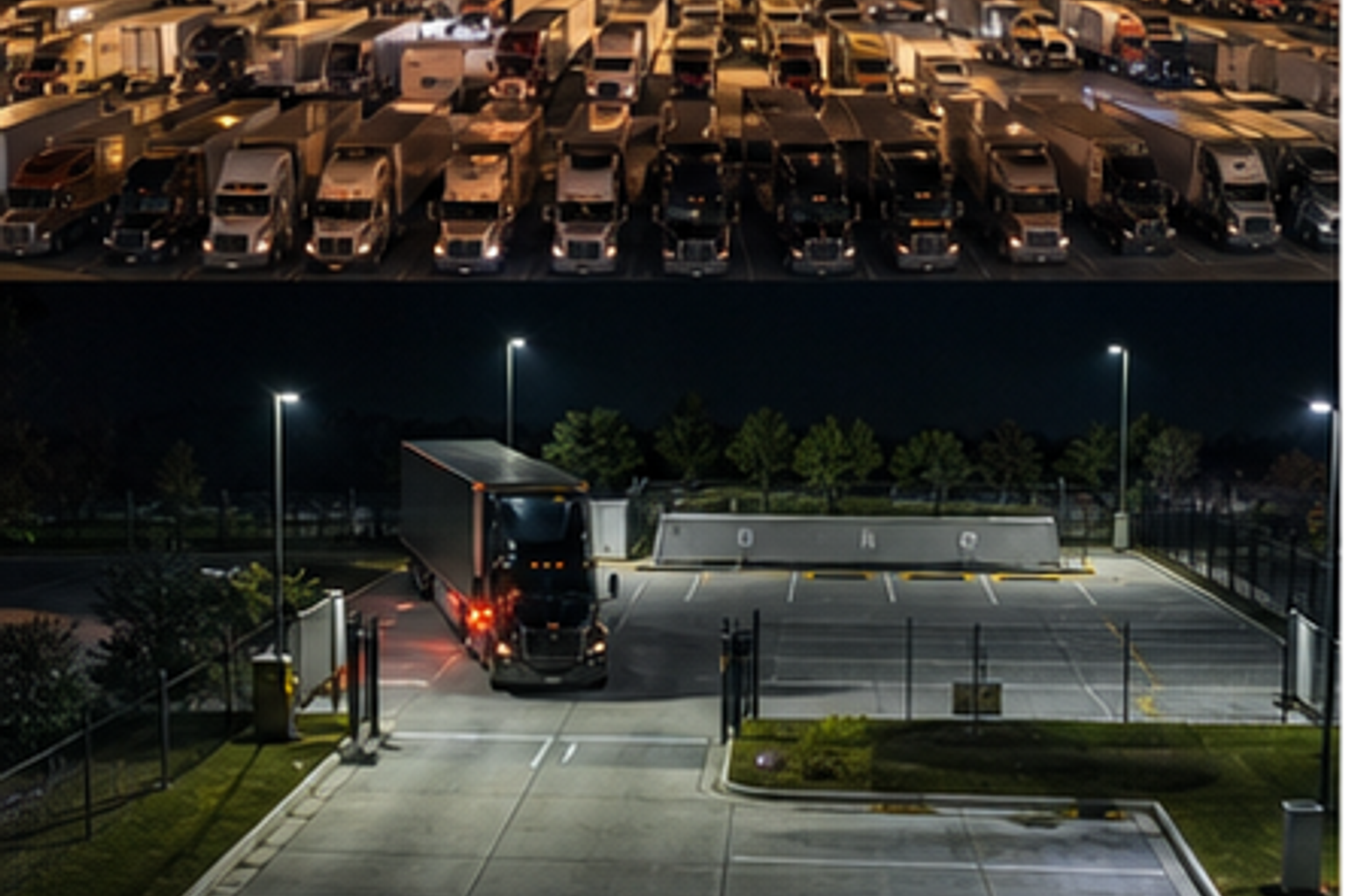 A split view of a crowded free truck parking area and a gated reserved truck parking facility at night