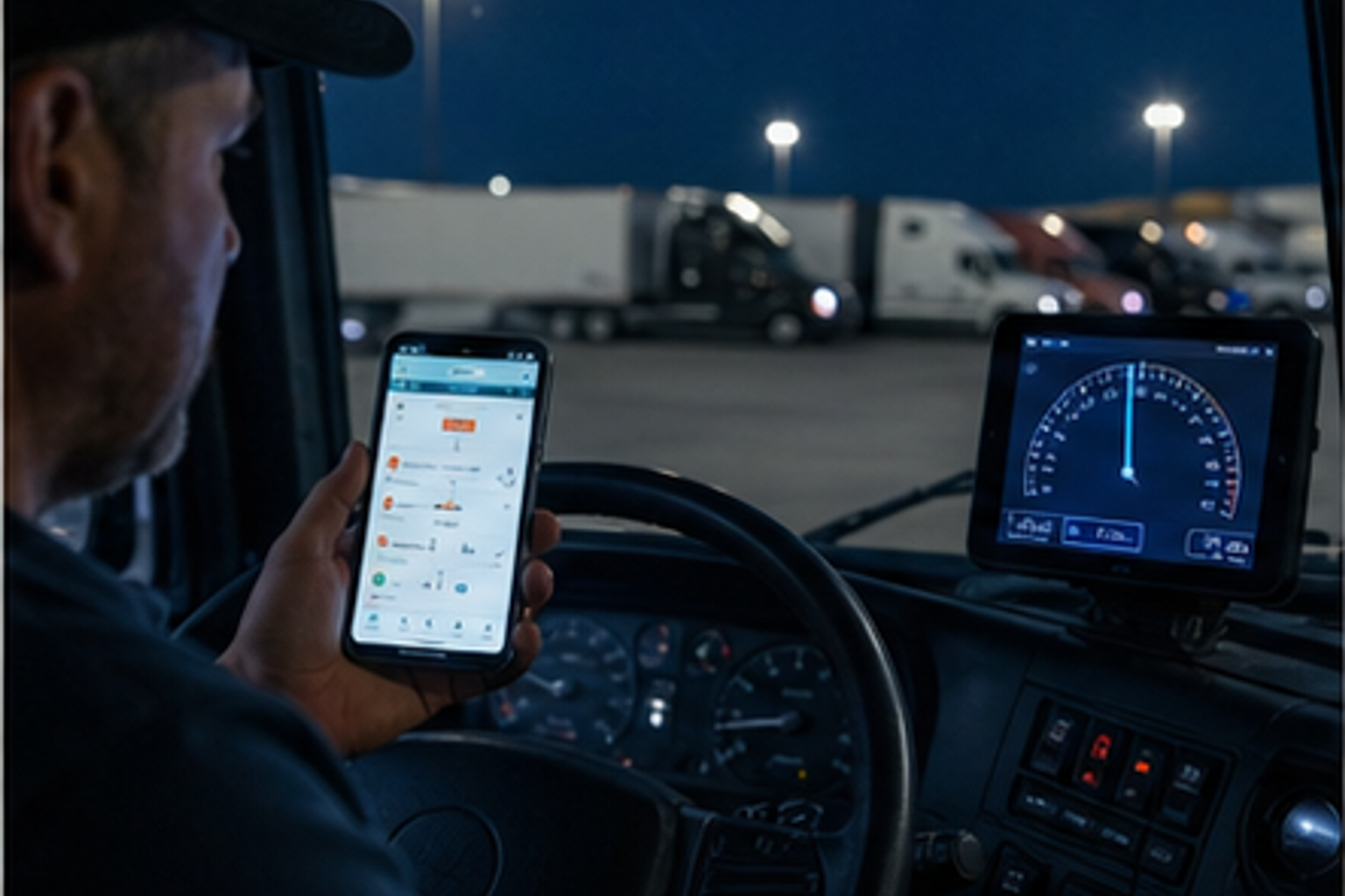 A truck driver comparing a reservation confirmation with remaining drive time on an electronic log display
