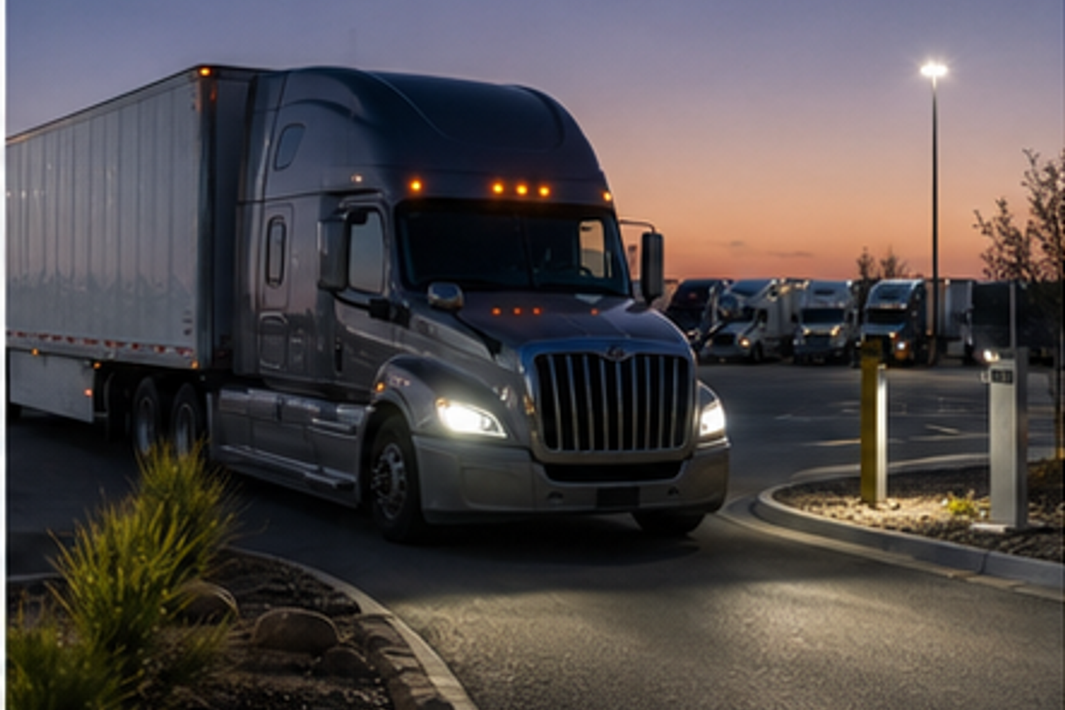 A semi-truck entering a clearly marked commercial truck parking area at dusk