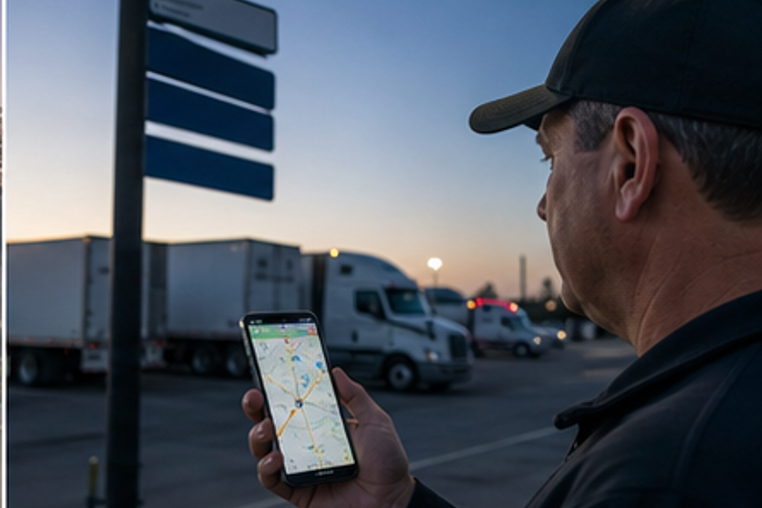 A driver checking posted truck parking signs and a reservation map before stopping