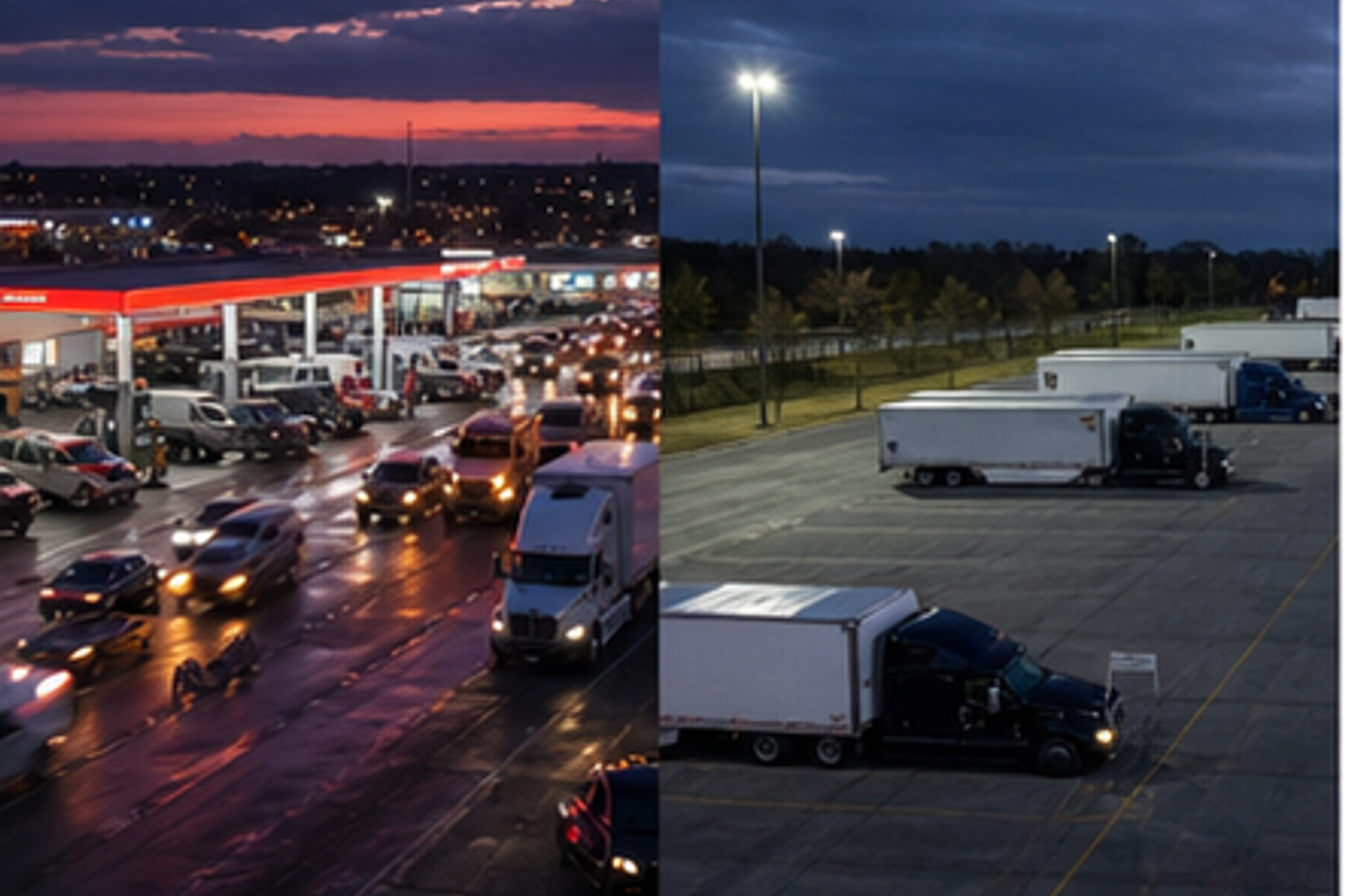 A busy highway truck stop beside a quieter gated dedicated truck parking facility at night