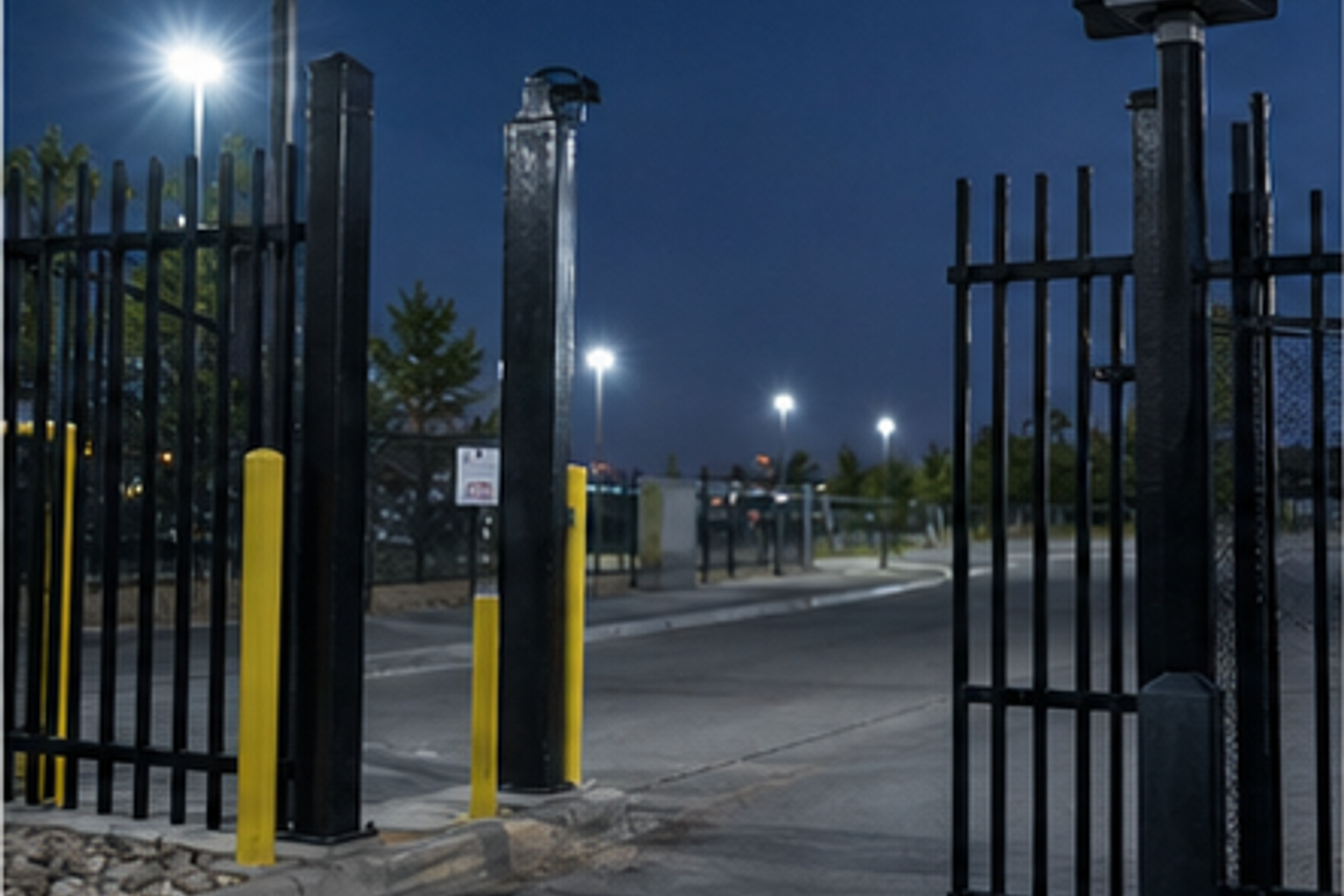 A gated truck parking entrance with license plate recognition, lighting, fencing, and monitored cameras